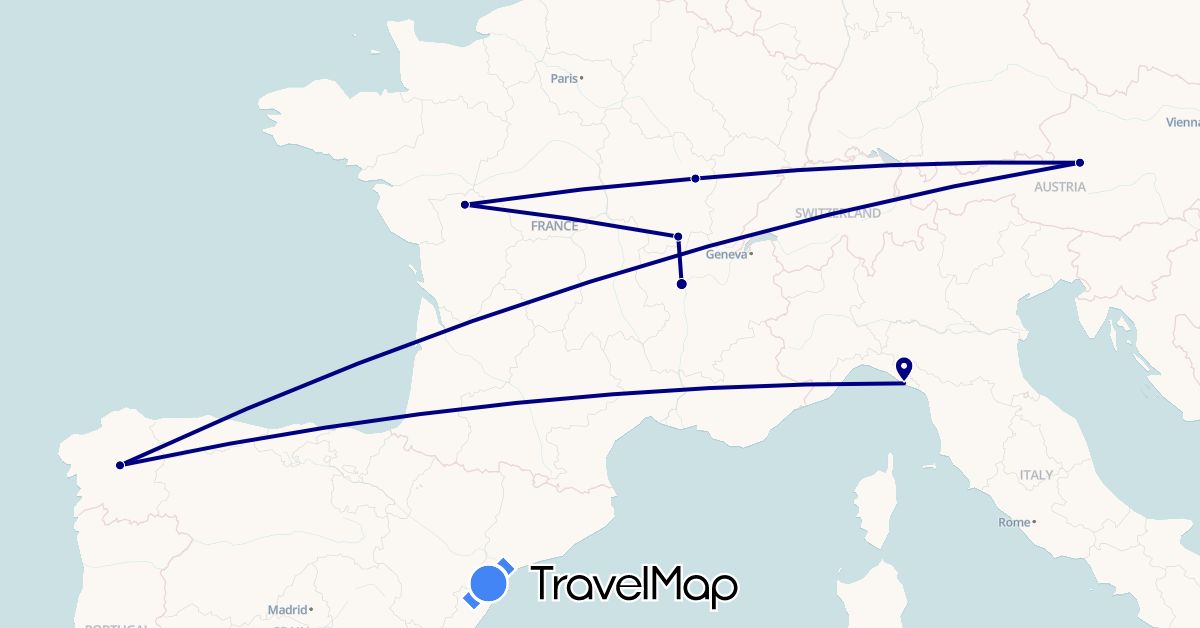 TravelMap itinerary: driving in Austria, Spain, France, Italy (Europe)